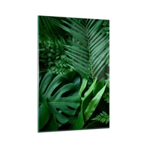 Impression sur verre - Image sur verre - Feuilles tropicales vertes dans une composition dense et naturelle - 80x120cm - Emmitouflé de verdure - Décoration murale moderne pour le salon et la chambre ARTTOR