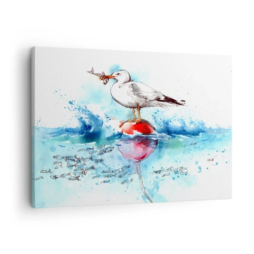 Impression sur toile - Image sur toile - Mouette sur une bouée avec des poissons en arrière-plan dans un style aquarelle - 70x50cm - Prise réussie - Décoration murale moderne pour le salon et la chambre ARTTOR