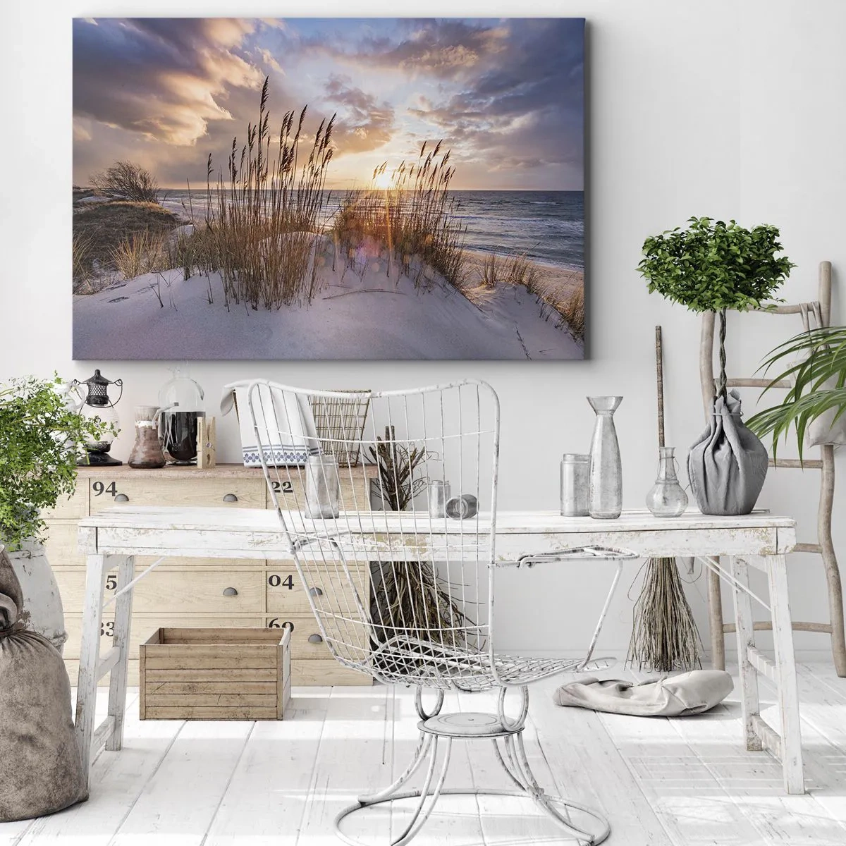 Impression sur toile - Image sur toile - Dunes avec des herbes sur fond de soleil couchant - 70x50cm - Salutations du soleil et du vent - Décoration murale moderne pour le salon et la chambre ARTTOR