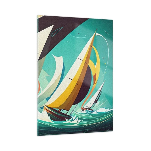 Impression sur verre - Image sur verre - Illustration de style rétro de voiliers dans une mer agitée - 50x70cm - Bonne chance avec les éléments - Décoration murale moderne pour le salon et la chambre ARTTOR
