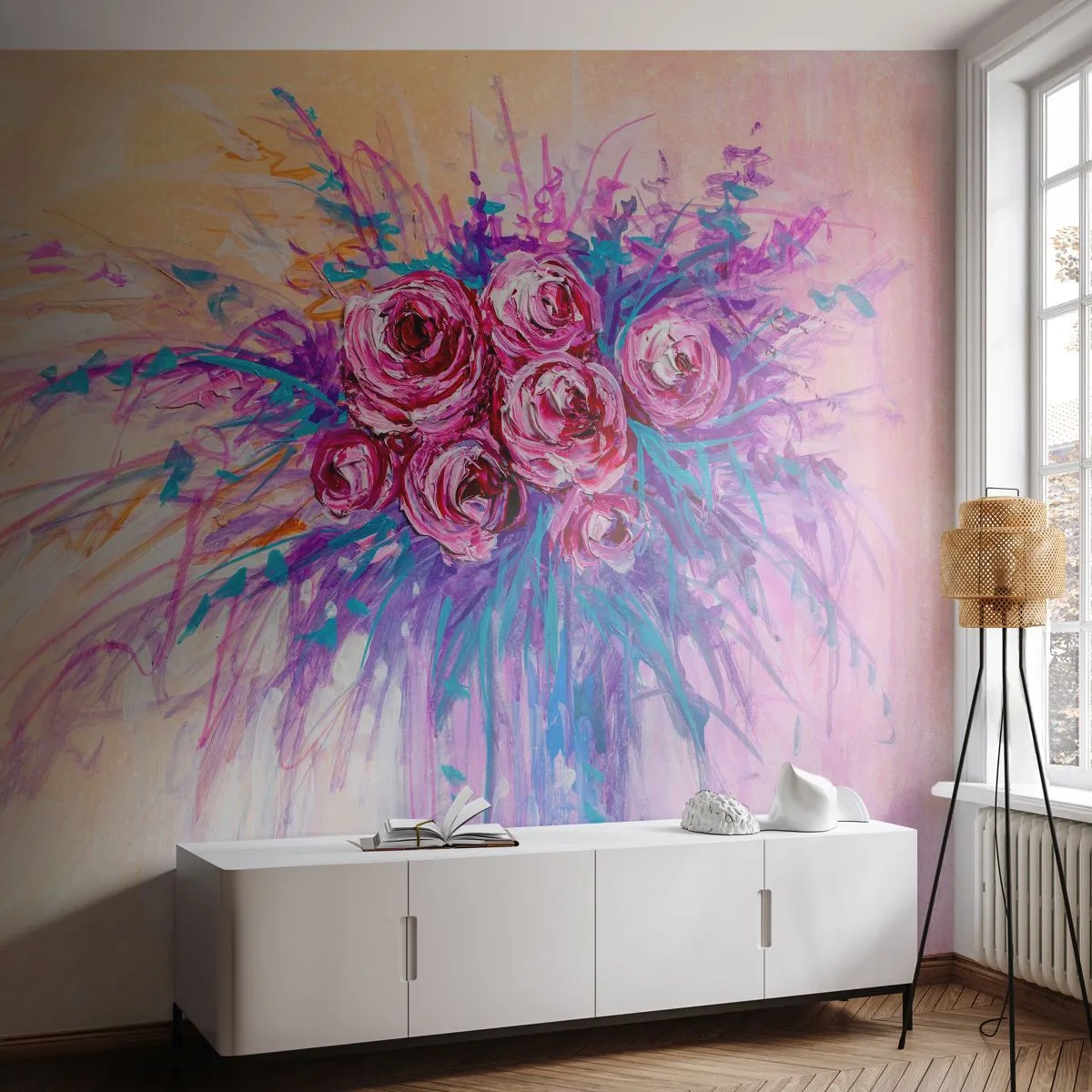 Papier Peint Autocollant Deluxe Sticker - Fontaine aux roses - Fleurs, Bouquet de fleurs, Rose - 250x175 cm