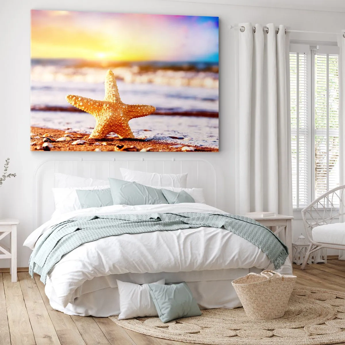 Impression sur toile - Image sur toile - Une étoile de mer sur une plage de sable à la lueur du soleil couchant - 70x50cm - Cadeau de la mer - Décoration murale moderne pour le salon et la chambre ARTTOR