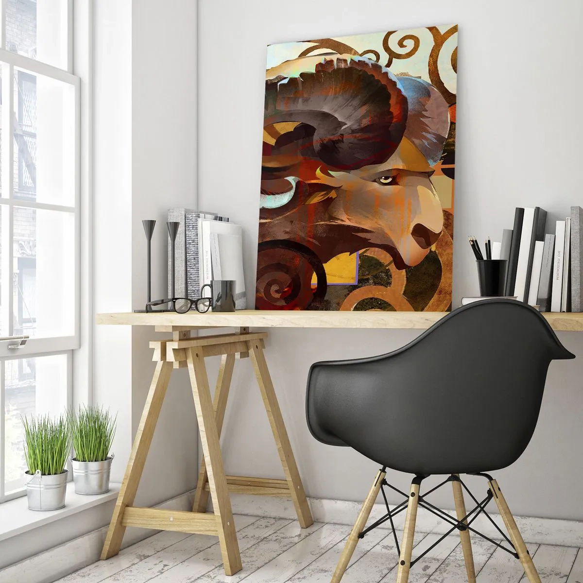 Impression sur verre - Image sur verre - Un bélier symbolique dans une composition abstraite - 70x100cm - Magie - religions - rituels - Décoration murale moderne pour le salon et la chambre ARTTOR