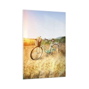 Impression sur verre - Image sur verre - Un vélo rétro avec un panier rempli de fleurs sur fond de prairie. - 70x100cm - Je vais rester un petit moment - Décoration murale moderne pour le salon et la chambre ARTTOR