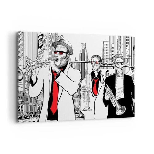 Impression sur toile - Image sur toile - Illustration de musiciens de jazz sur fond urbain - 100x70cm - Rhapsodie urbaine en noir et rouge - Décoration murale moderne pour le salon et la chambre ARTTOR