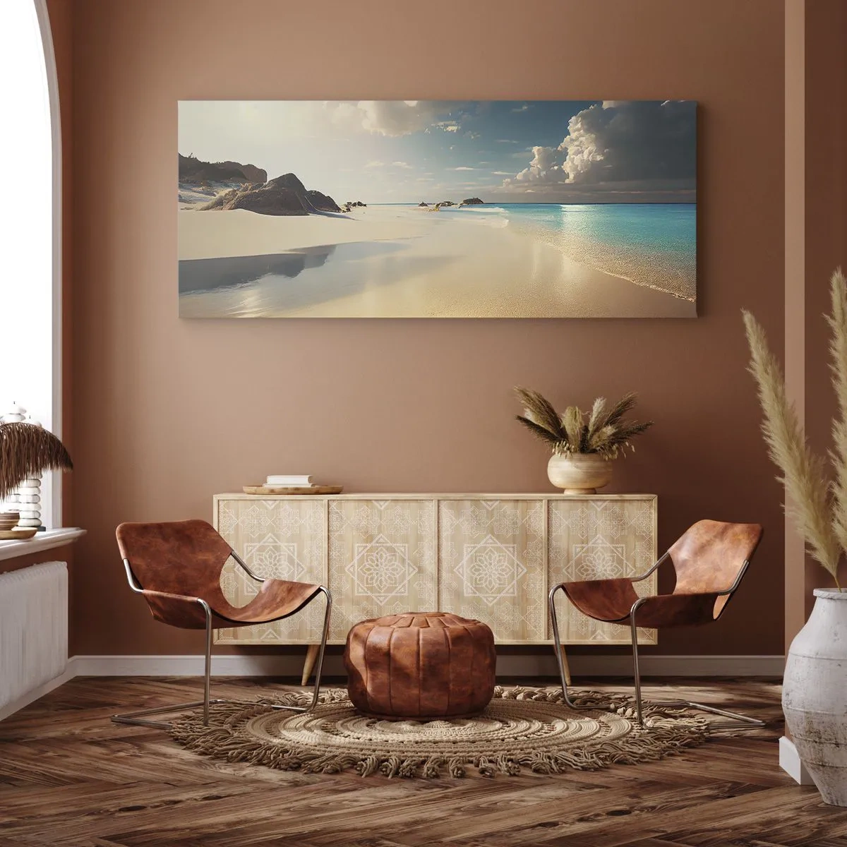 Impression sur toile - Image sur toile - Une plage ensoleillée avec une mer bleue et des rochers - 120x50cm - Une journée de rêve - Décoration murale moderne pour le salon et la chambre ARTTOR