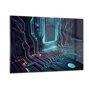 Impression sur verre - Image sur verre - Visualisation au néon des traces du processeur sur fond noir - 120x80cm - Je pense comme ça… - Décoration murale moderne pour le salon et la chambre ARTTOR