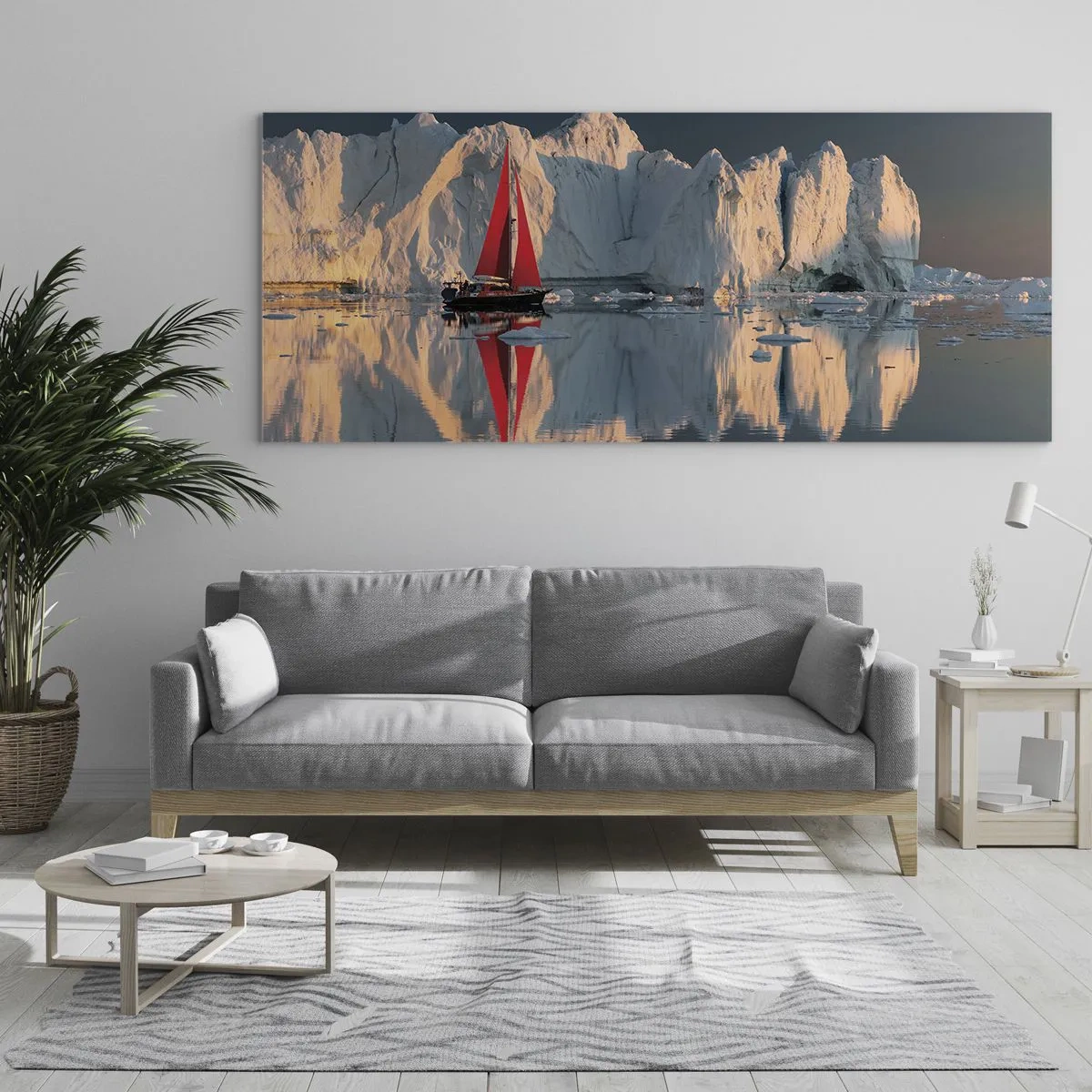 Impression sur verre - Image sur verre - Un voilier avec une voile rouge sur fond de glacier - 140x50cm - Aux limites du monde - Décoration murale moderne pour le salon et la chambre ARTTOR