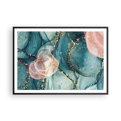 Affiche dans un cadre noir - Poster - Une composition abstraite dans des tons turquoise et or. - 100x70cm - Soie bleu, tulle rose - Décoration murale moderne pour le salon et la chambre ARTTOR