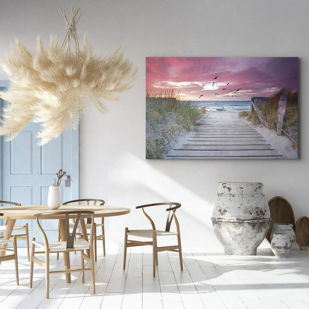 Impression sur toile - Image sur toile - Chemin en bois sur la plage au coucher du soleil rose - 120x80cm - Impression de la Baltique - Décoration murale moderne pour le salon et la chambre ARTTOR