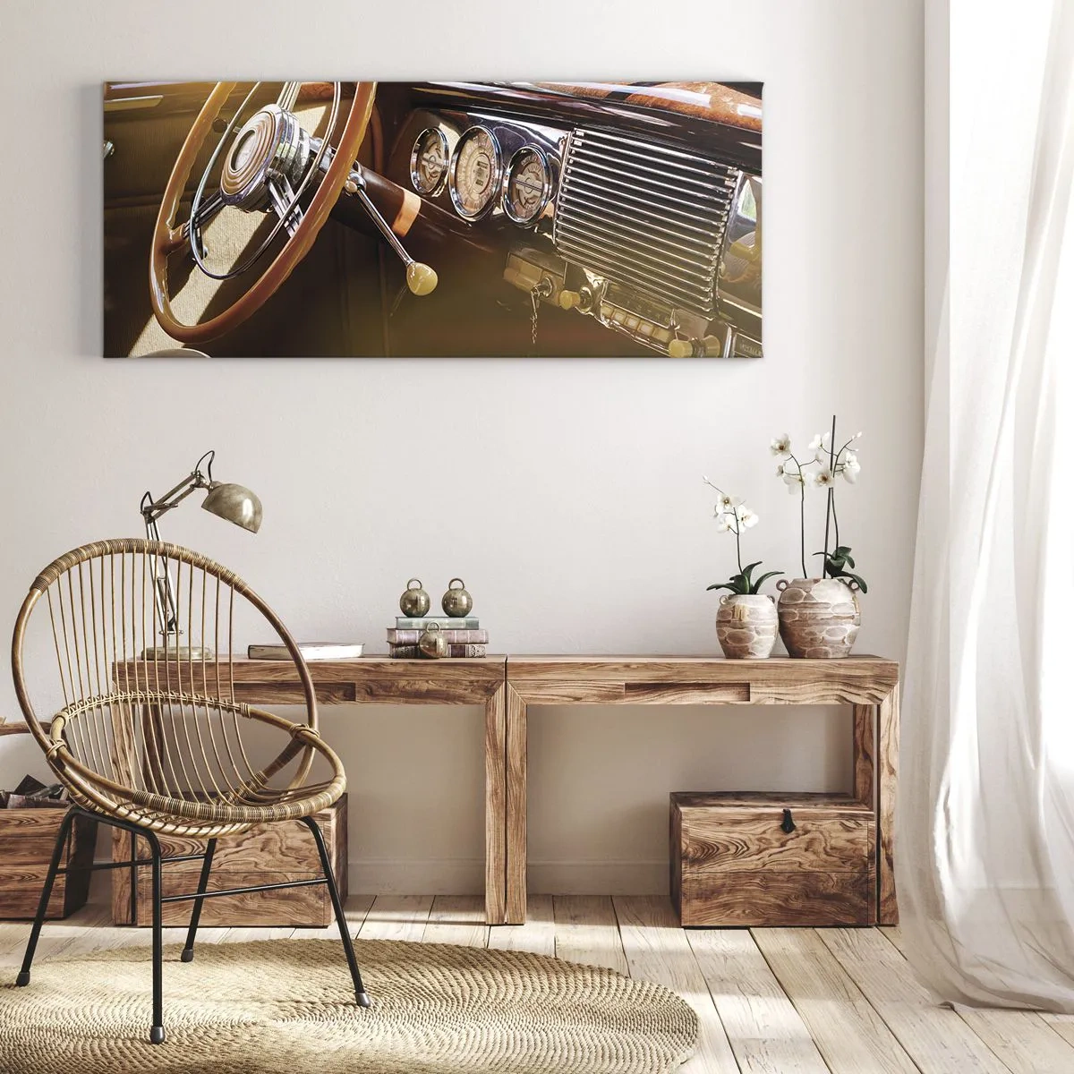 Impression sur toile - Image sur toile - Gros plan de l'intérieur d'une voiture classique avec des détails en bois et en chrome. - 140x50cm - Souffle de luxe venu du passé - Décoration murale moderne pour le salon et la chambre ARTTOR