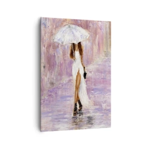 Impression sur toile - Image sur toile - Une femme avec un parapluie marchant sous la pluie dans des tons lilas - 70x100cm - Sous la pluie lilas - Décoration murale moderne pour le salon et la chambre ARTTOR