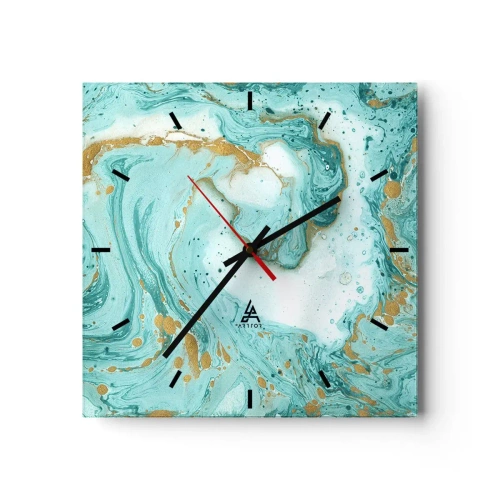 Horloge murale - Pendule murale - Marbre turquoise avec des accents dorés dans une composition abstraite - 30x30cm - Sous la grande vague de l'ère Edo - Décoration murale moderne pour le salon et la chambre ARTTOR