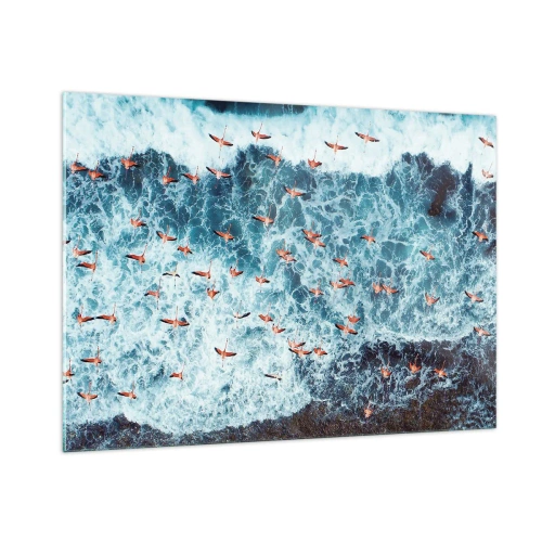 Impression sur verre - Image sur verre - Flamants roses au-dessus des vagues agitées de l'océan - 100x70cm - Défilé du bord de mer - Décoration murale moderne pour le salon et la chambre ARTTOR