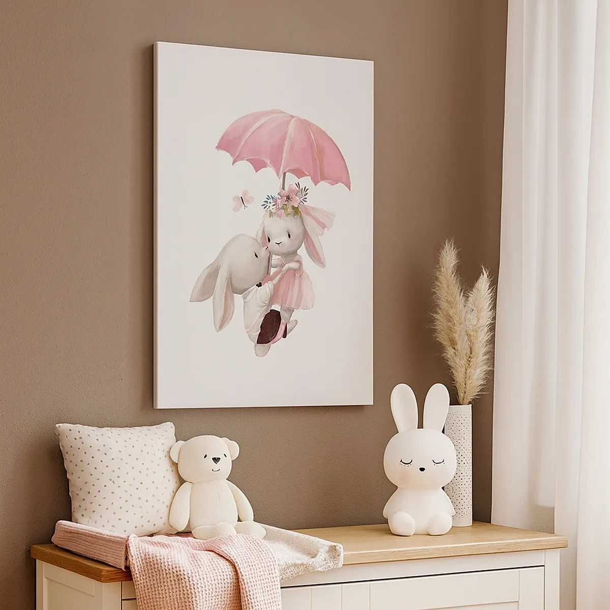 Impression sur toile - Image sur toile - Des lapins mignons sous un parapluie rose - 50x70cm - C'est ça l'amour - Décoration murale moderne pour le salon et la chambre ARTTOR