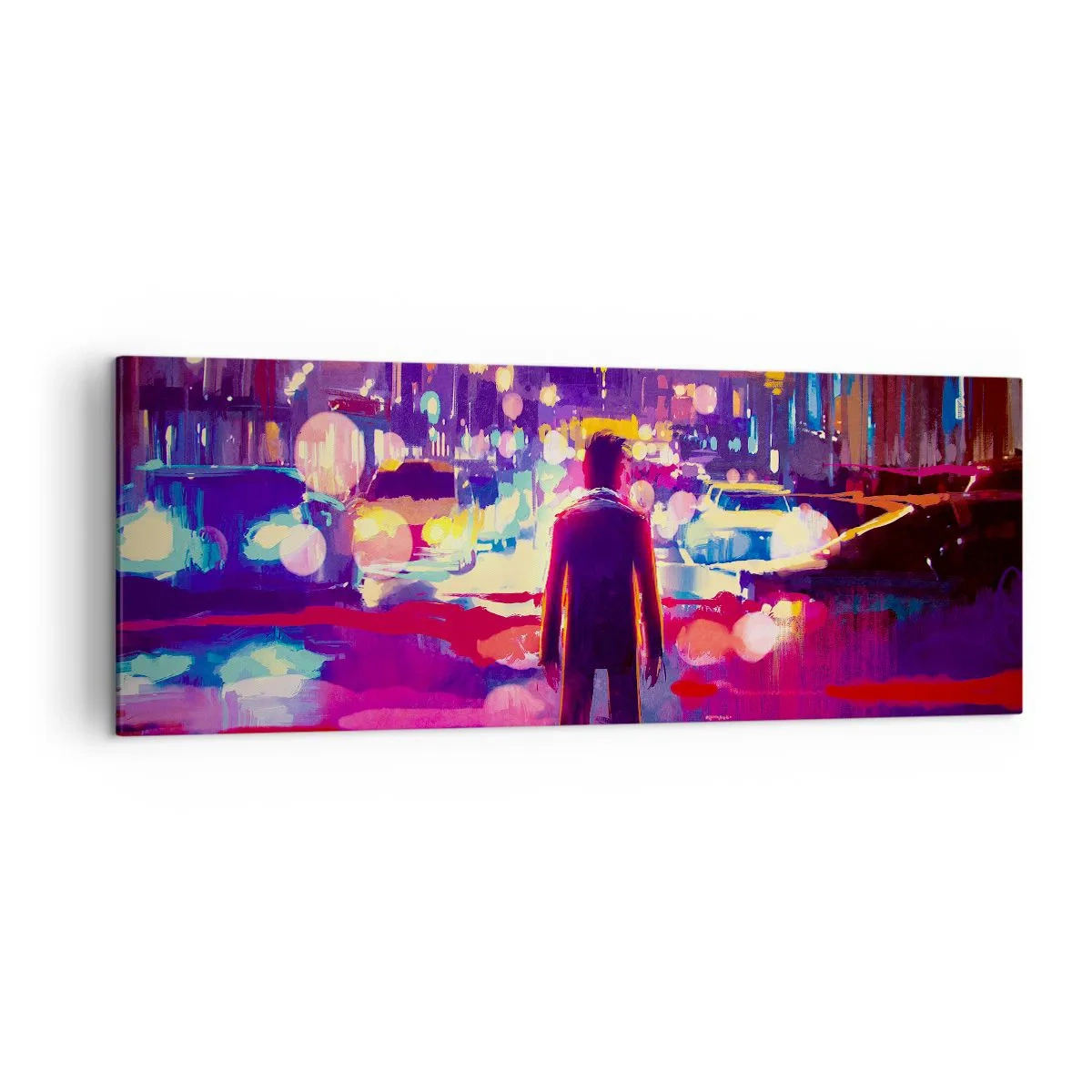 Impression sur toile - Image sur toile - Un homme dans une scène nocturne de ville au néon - 140x50cm - Immergé dans la lumière - Décoration murale moderne pour le salon et la chambre ARTTOR
