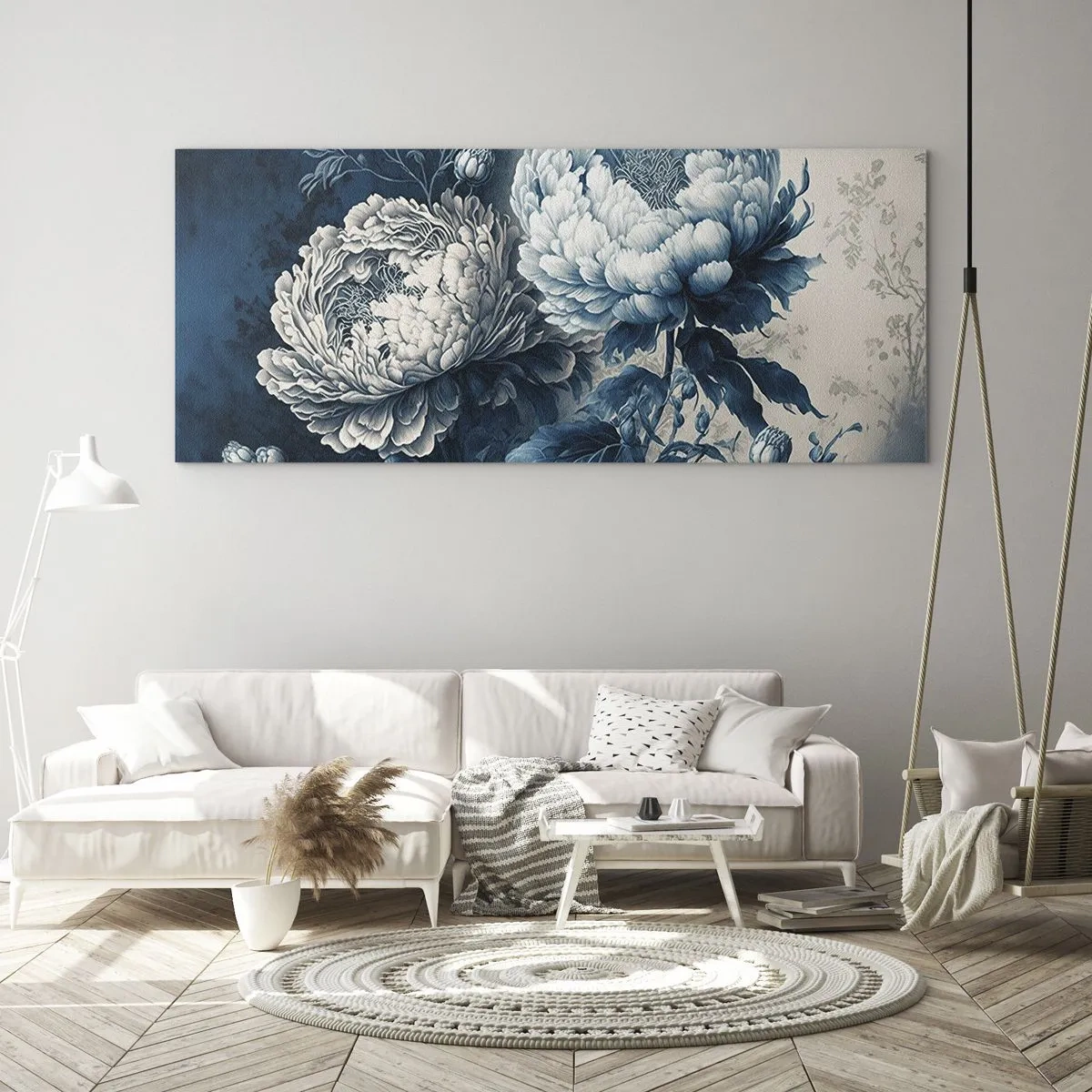 Impression sur verre - Image sur verre - Pivoines bleues sur un fond subtil avec un motif délicat - 140x50cm - Paire assortie - Décoration murale moderne pour le salon et la chambre ARTTOR