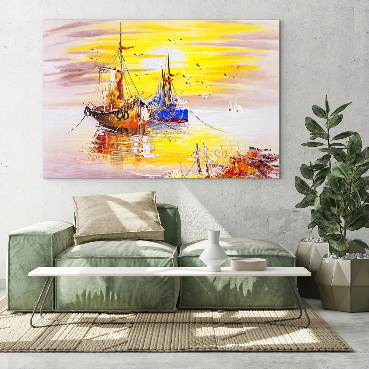 Impression sur verre - Image sur verre - Bateaux de pêche au coucher du soleil sur une eau calme - 70x50cm - Un repos bien mérité au port - Décoration murale moderne pour le salon et la chambre ARTTOR