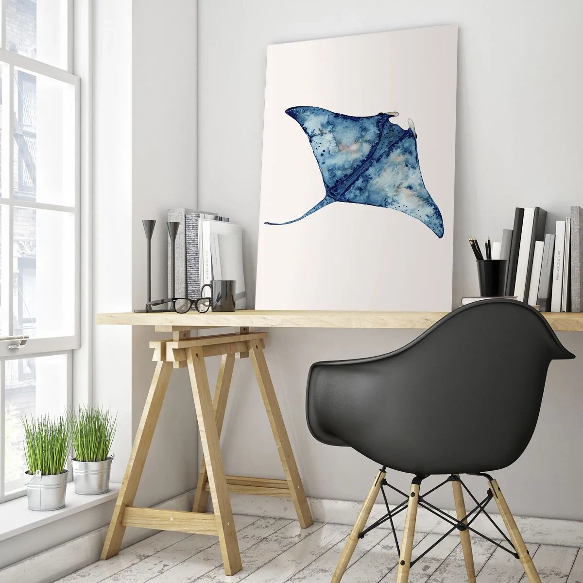 Impression sur verre - Image sur verre - Rayon bleu marine en style aquarelle sur fond blanc - 50x70cm - La vie en bleu - Décoration murale moderne pour le salon et la chambre ARTTOR