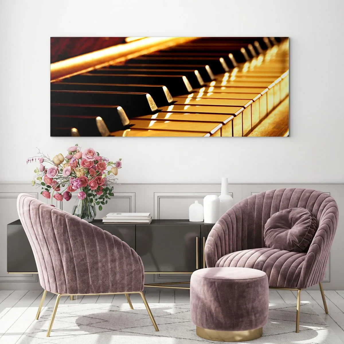 Impression sur verre - Image sur verre - Clavier de piano sous un éclairage doré - 120x50cm - Des possibilités infinies - Décoration murale moderne pour le salon et la chambre ARTTOR