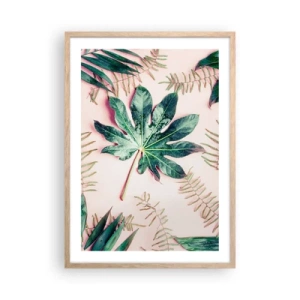 Affiche dans un chêne clair - Poster - Étude de verdure sur fond rose - 50x70 cm