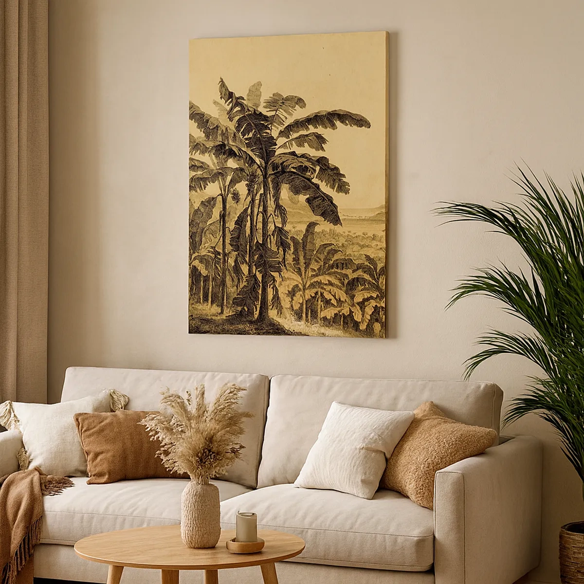 Impression sur toile - Image sur toile - Dessin de bananiers sur fond de paysage tropical - 50x70cm - Dans un climat colonial - Décoration murale moderne pour le salon et la chambre ARTTOR