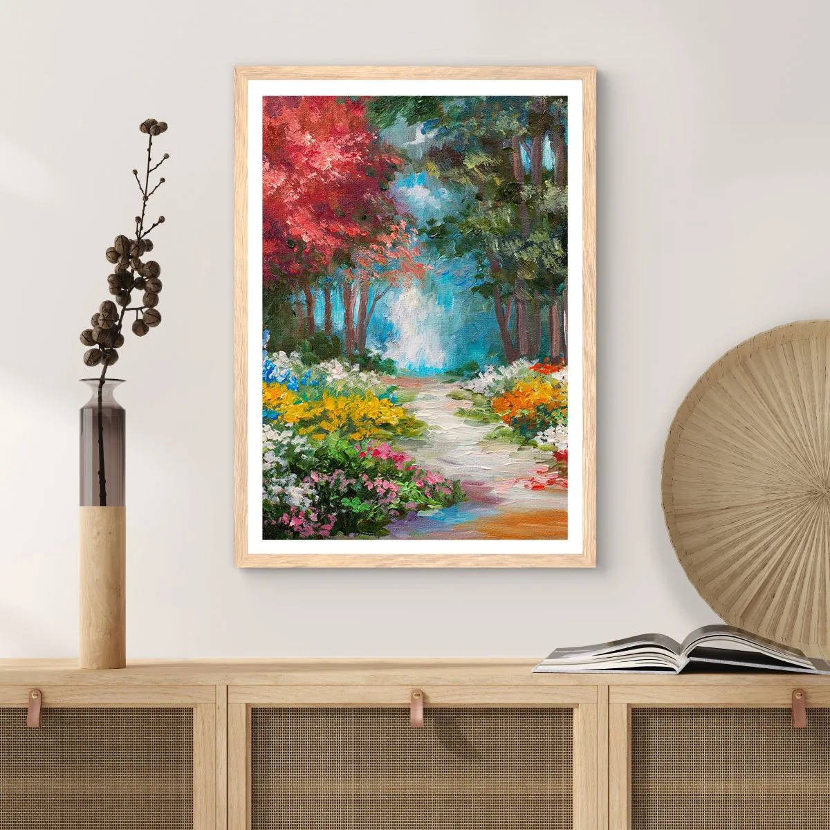 Affiche dans un chêne clair - Poster - Jardin forestier, forêt de fleurs - 40x50 cm