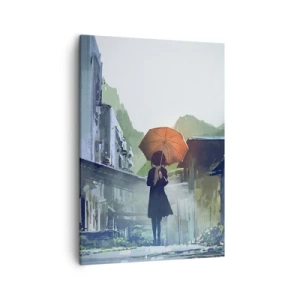 Impression sur toile - Image sur toile - Une silhouette avec un parapluie dans une ville pluvieuse - 50x70cm - Pluie vivifiante - Décoration murale moderne pour le salon et la chambre ARTTOR