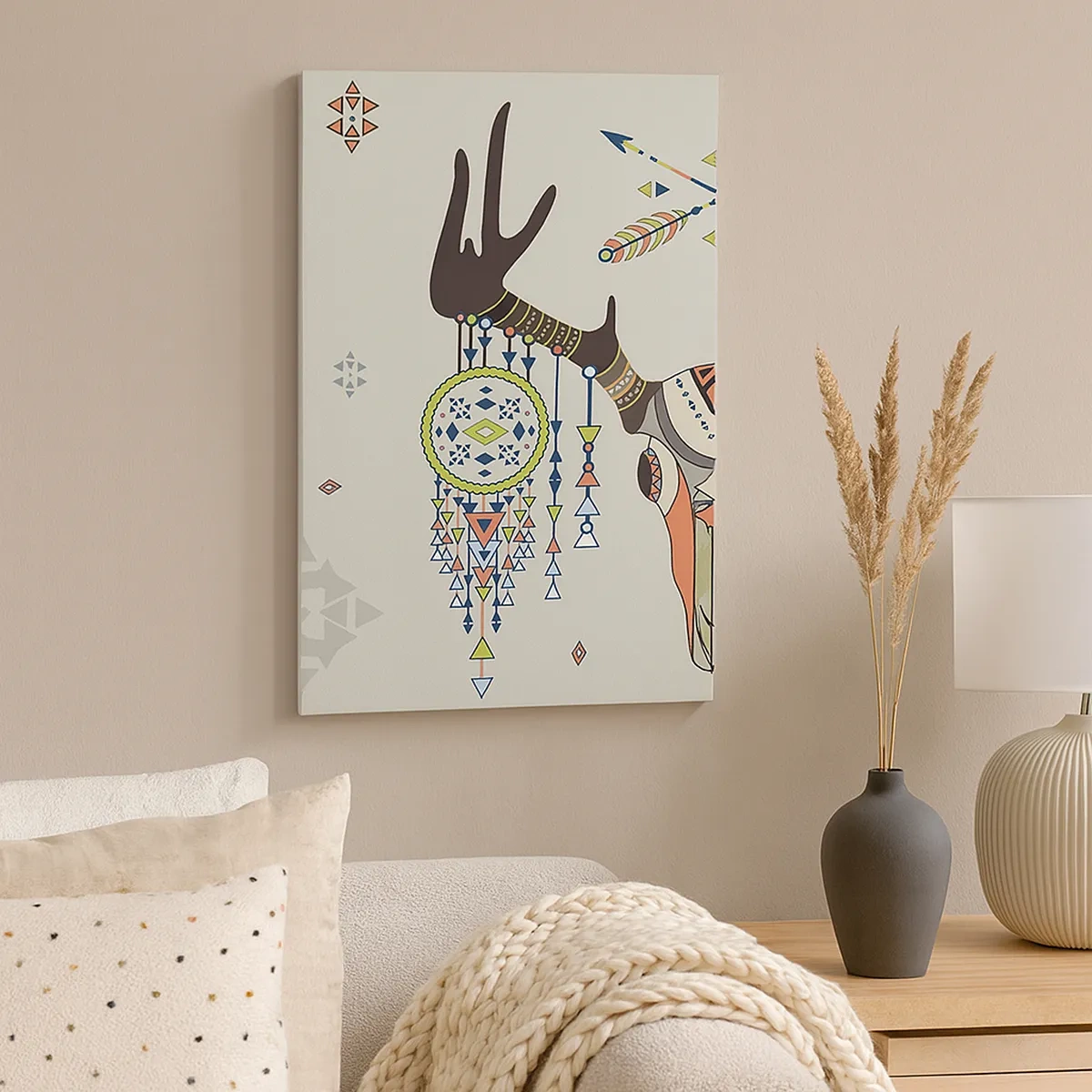 Impression sur toile - Image sur toile - Décoration bohème avec crâne de cerf et attrape-rêves - 50x70cm - Trophée du chasseur indien - Décoration murale moderne pour le salon et la chambre ARTTOR