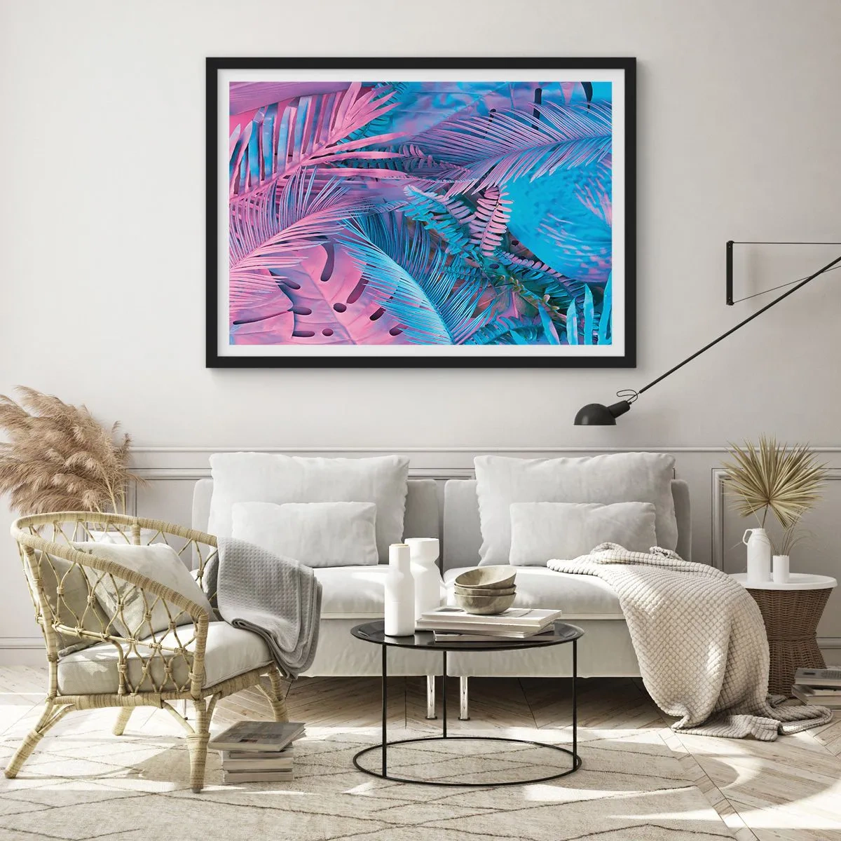 Affiche dans un cadre noir - Poster - Les tropiques en rose et bleu - 50x40 cm