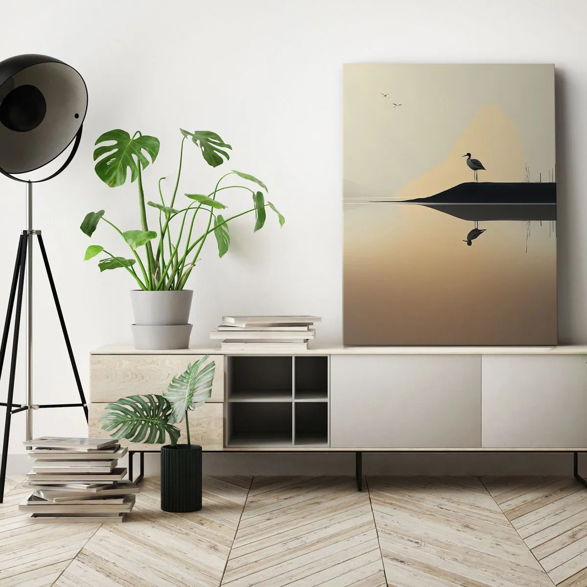 Impression sur toile - Image sur toile - Un oiseau sur une île dans un lac calme aux teintes chaudes - 50x70cm - Le seigneur du lac - Décoration murale moderne pour le salon et la chambre ARTTOR