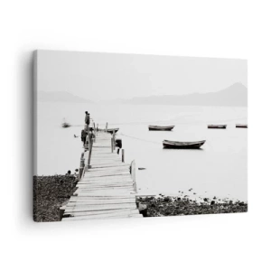 Impression sur toile - Image sur toile - Jetée en bois et bateaux sur une eau calme - 70x50cm - Calme et propre au bord de l'eau - Décoration murale moderne pour le salon et la chambre ARTTOR