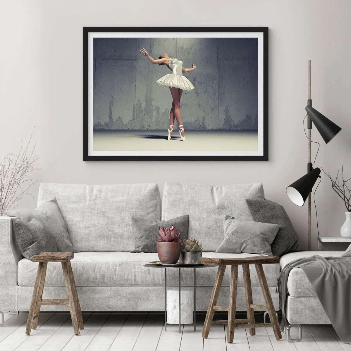 Affiche dans un cadre noir - Poster - Une danseuse de ballet en robe blanche contre un mur brut. - 70x50cm - Léger comme un oiseau - Décoration murale moderne pour le salon et la chambre ARTTOR