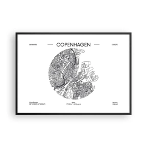 Affiche dans un cadre noir - Poster - Une carte de Copenhague dans un style minimaliste en noir et blanc. - 100x70cm - Anatomie de Copenhague - Décoration murale moderne pour le salon et la chambre ARTTOR