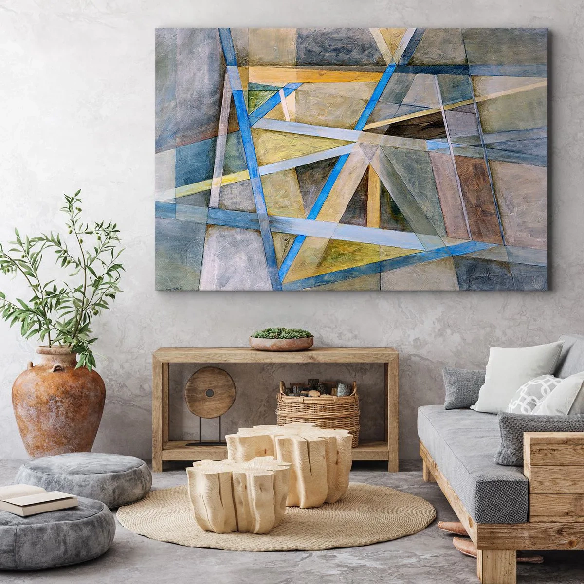 Impression sur toile - Image sur toile - Composition géométrique avec des lignes claires et bleues - 100x70cm - Tout droit ou en diagonale ? - Décoration murale moderne pour le salon et la chambre ARTTOR