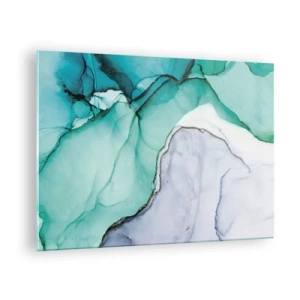 Impression sur verre - Image sur verre - Une peinture abstraite aux tons turquoise et blanc, avec des craquelures délicates. - 70x50cm - Étude de turquoise - Décoration murale moderne pour le salon et la chambre ARTTOR