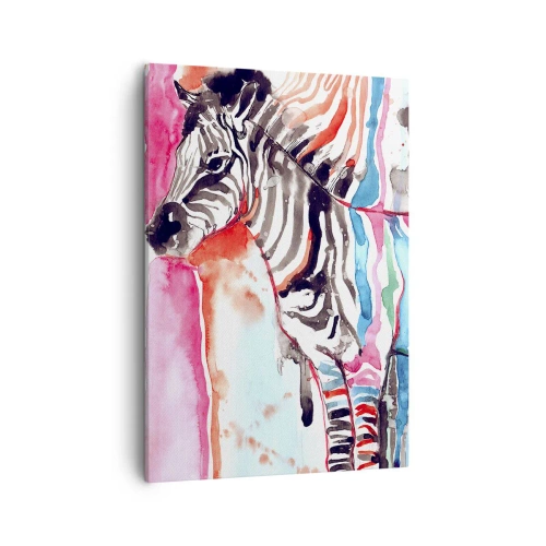 Impression sur toile - Image sur toile - Un zèbre coloré sur un fond de motifs abstraits à l'aquarelle - 50x70cm - Blague insouciante de la nature - Décoration murale moderne pour le salon et la chambre ARTTOR