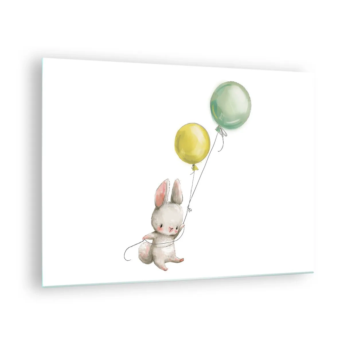 Impression sur verre - Image sur verre - Un lapin tenant deux ballons - 70x50cm - Moi aussi je vole! - Décoration murale moderne pour le salon et la chambre ARTTOR