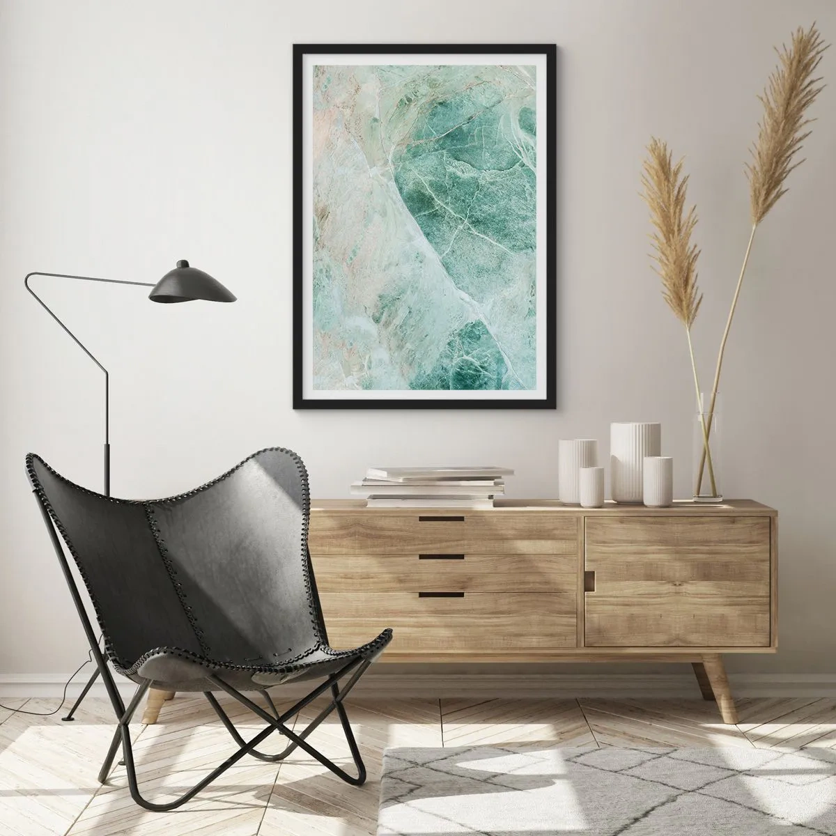 Affiche dans un cadre noir - Poster - Structure en marbre vert avec de délicates veines blanches - 50x70cm - La noble froideur de la pierre - Décoration murale moderne pour le salon et la chambre ARTTOR