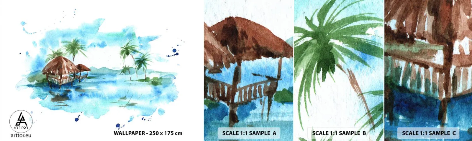 Échantillon de Papier Peint Autocollant Deluxe Sticker - Quelque part dans le Pacifique - Paysage, Île, palmiers - 100x30 cm