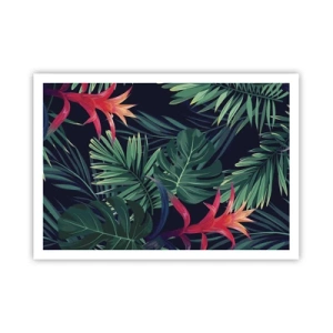 Affiche - Poster - Feuilles et fleurs tropicales sur fond sombre - 100x70cm - immergé dans la nature - Décoration murale moderne pour le salon et la chambre ARTTOR
