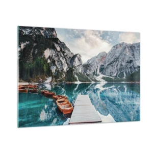 Impression sur verre - Image sur verre - Un pont en bois sur un lac turquoise dans les montagnes - 100x70cm - On va te montrer la beauté - Décoration murale moderne pour le salon et la chambre ARTTOR