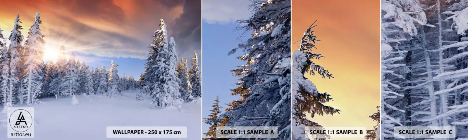 Échantillon de Papier Peint Autocollant Deluxe Sticker - Un spectacle enneigé de la nature - Paysage, Forêt, Hiver - 100x30 cm