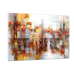 Impression sur verre - Image sur verre - Panorama coloré de la ville avec un pont et un reflet dans l'eau - 120x80cm - C'est aussi beau sous le pont - Décoration murale moderne pour le salon et la chambre ARTTOR