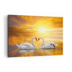 Impression sur toile - Image sur toile - Une scène romantique de deux cygnes formant un cœur sur fond de coucher de soleil doré. - 100x70cm - Le coeur est le plus beau mot du monde… - Décoration murale moderne pour le salon et la chambre ARTTOR