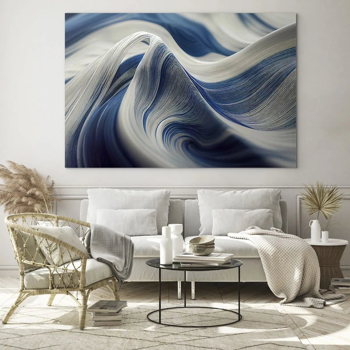 Impression sur verre - Image sur verre - Abstraction dynamique dans les tons de bleu et de blanc - 70x50cm - La fluidité du bleu et du blanc - Décoration murale moderne pour le salon et la chambre ARTTOR