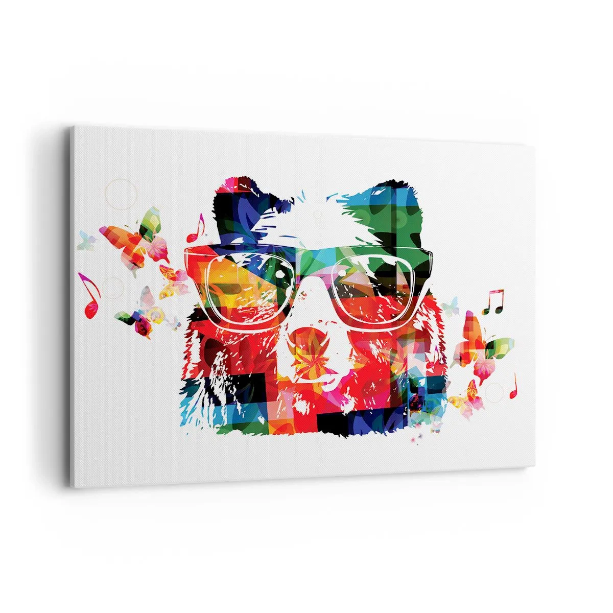 Impression sur toile - Image sur toile - Ours coloré avec des lunettes avec des papillons et des notes de musique - 100x70cm - Ca plait au chien! - Décoration murale moderne pour le salon et la chambre ARTTOR