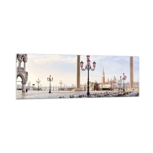 Impression sur verre - Image sur verre - Venise, vue de la place avec des colonnes et des tables de café - 160x50cm - Nous vous invitons, tout est prêt - Décoration murale moderne pour le salon et la chambre ARTTOR