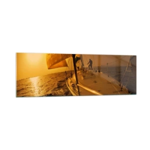 Impression sur verre - Image sur verre - Voilier en mer au coucher du soleil, lueur dorée. - 160x50cm - Une soirée en por après une journée haute en couleurs - Décoration murale moderne pour le salon et la chambre ARTTOR