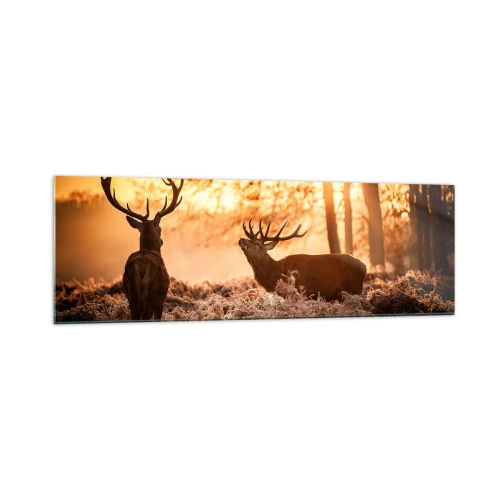 Impression sur verre - Image sur verre - Deux cerfs au coucher du soleil dans un paysage hivernal - 160x50cm - Le rêve d'un chasseur - Décoration murale moderne pour le salon et la chambre ARTTOR